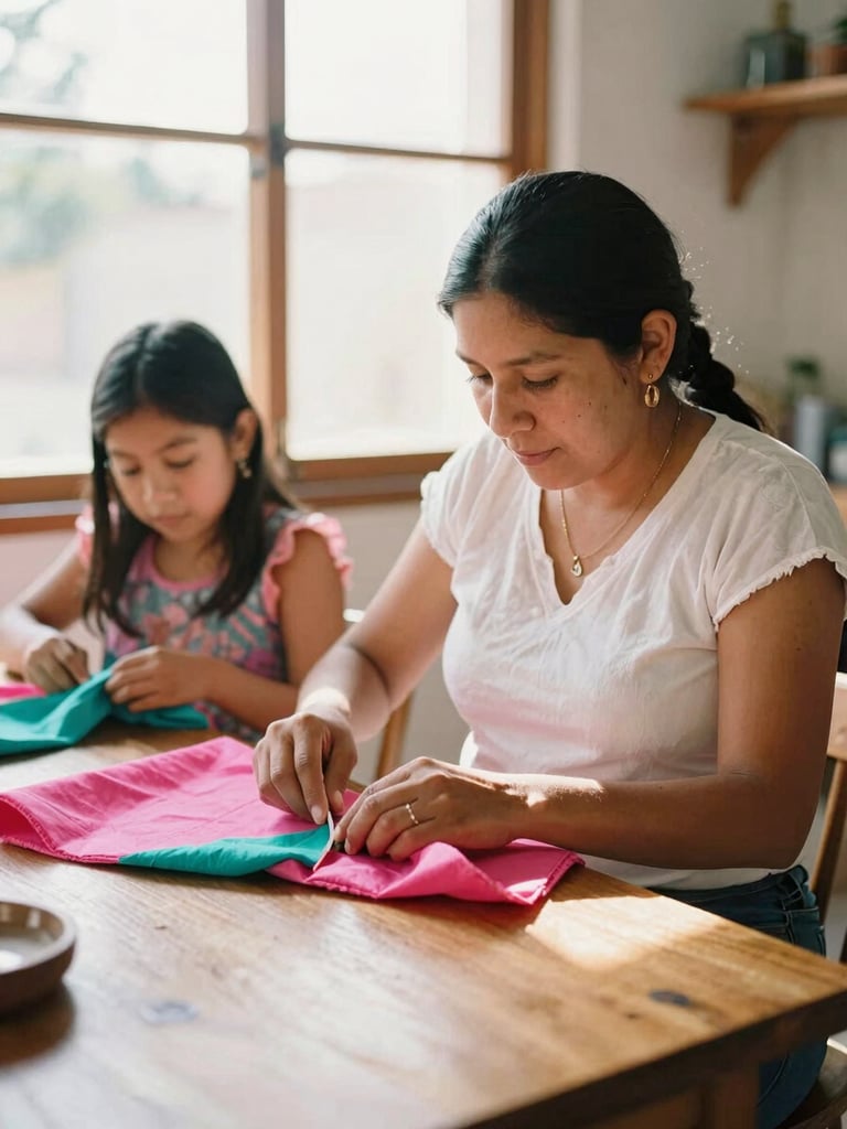 A warm portrait of a Mexican family workshop in Celaya, hands carefully cutting colorful pink and teal fabric on a clean wooden table, warm sunlight streaming through a window, 35mm