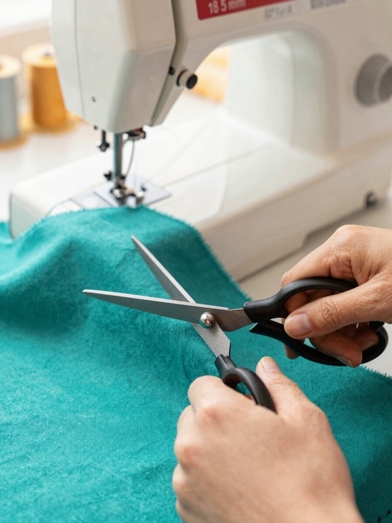 Detailed close-up of hands cutting vibrant teal fabric with tailoring scissors, sewing machine in soft focus background, warm sun-drenched workshop, 35mm