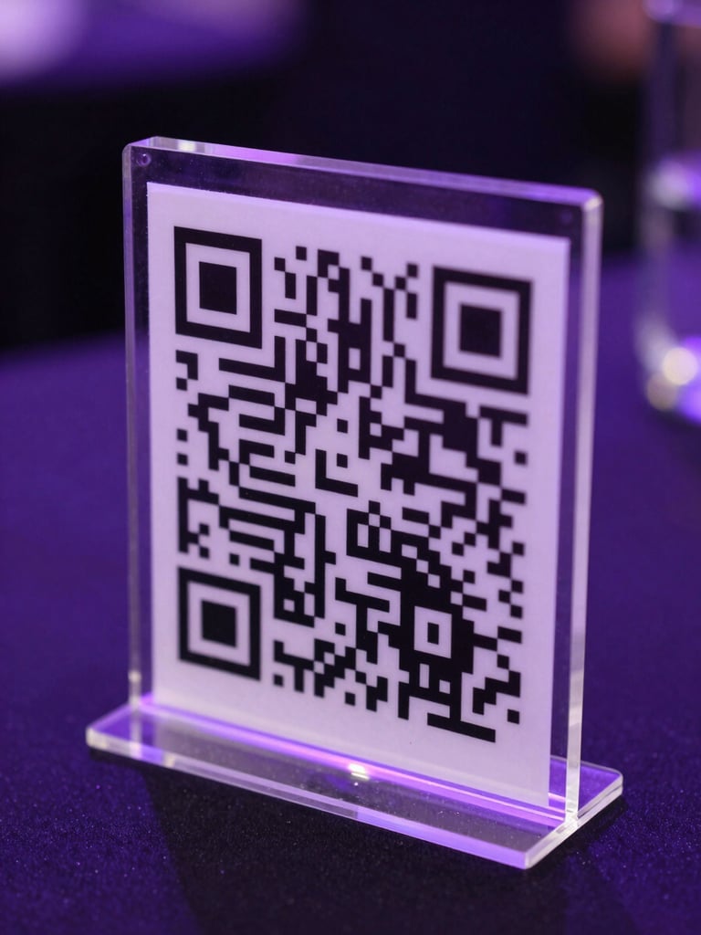 Close-up of a sleek acrylic QR code stand on a VIP table, glowing violet background lights, sharp focus on the QR pattern