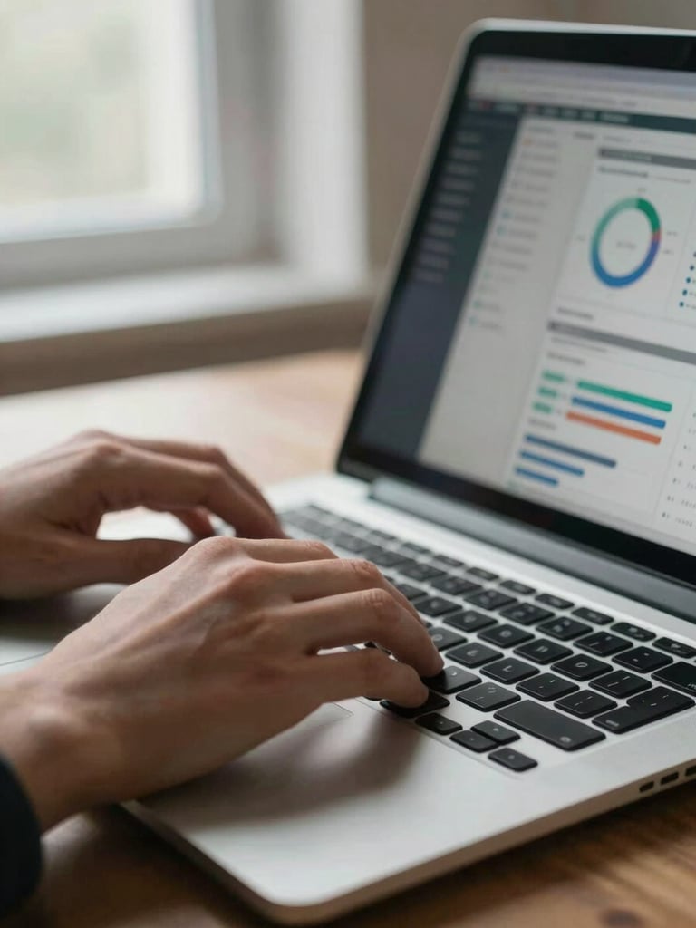 Close-up of hands on a laptop keyboard, analytics dashboard visible on screen, natural window light from the left, overcast daylight, high contrast, breathing room around the desk