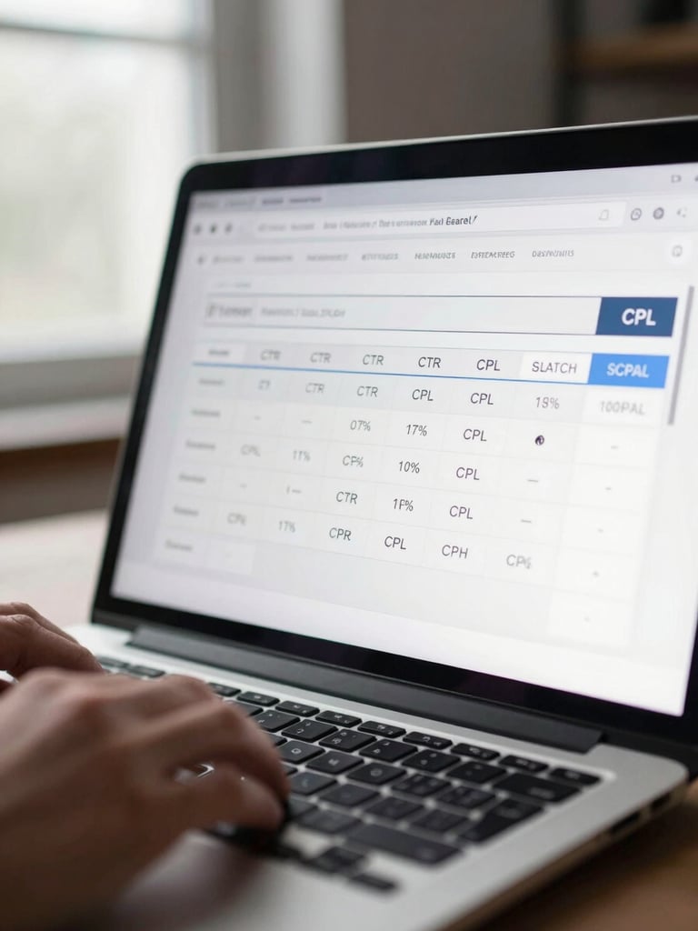 Close-up of a laptop screen showing a live paid search dashboard with CTR and CPL metrics, hands resting on the keyboard in the foreground, overcast window light from the left, shallow depth of field, high contrast