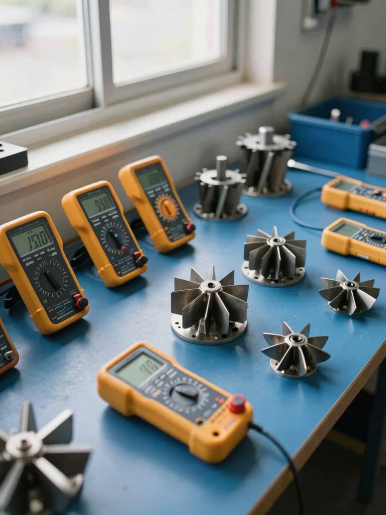 An organized electromechanical workshop floor with digital multimeters and disassembled water pump impellers under natural window light, sharp focus, 35mm lens