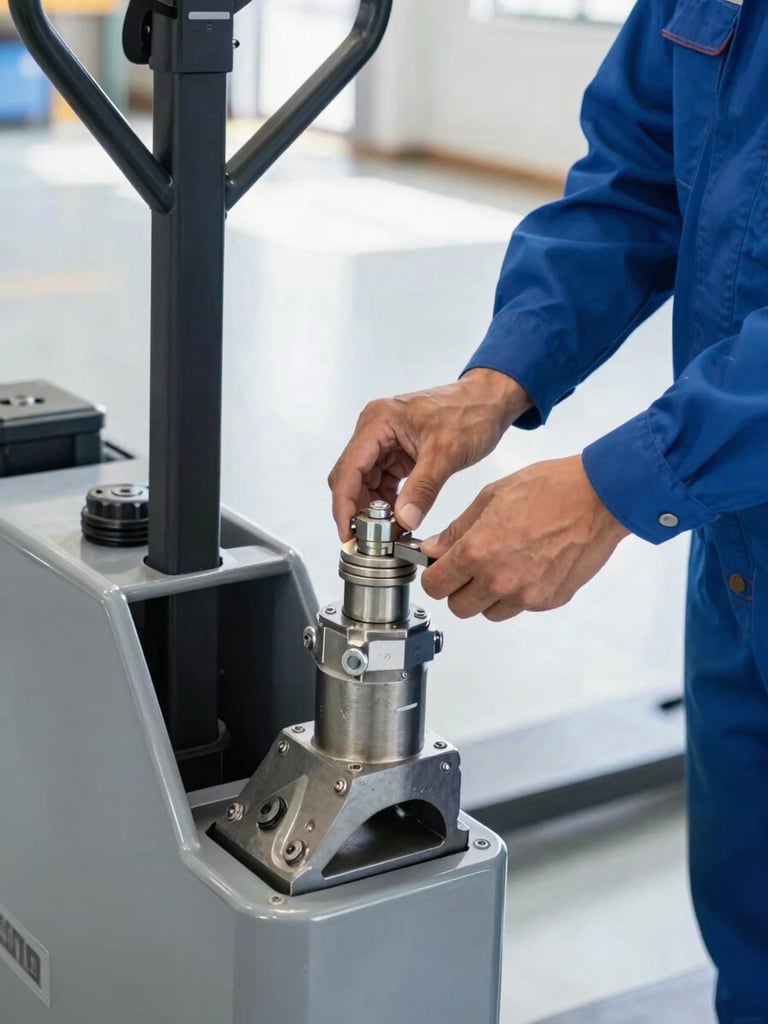 Close-up of a technician in a clean blue uniform adjusting the hydraulic valve of a heavy-duty pallet jack, bright warehouse lighting, sharp focus on steel components.