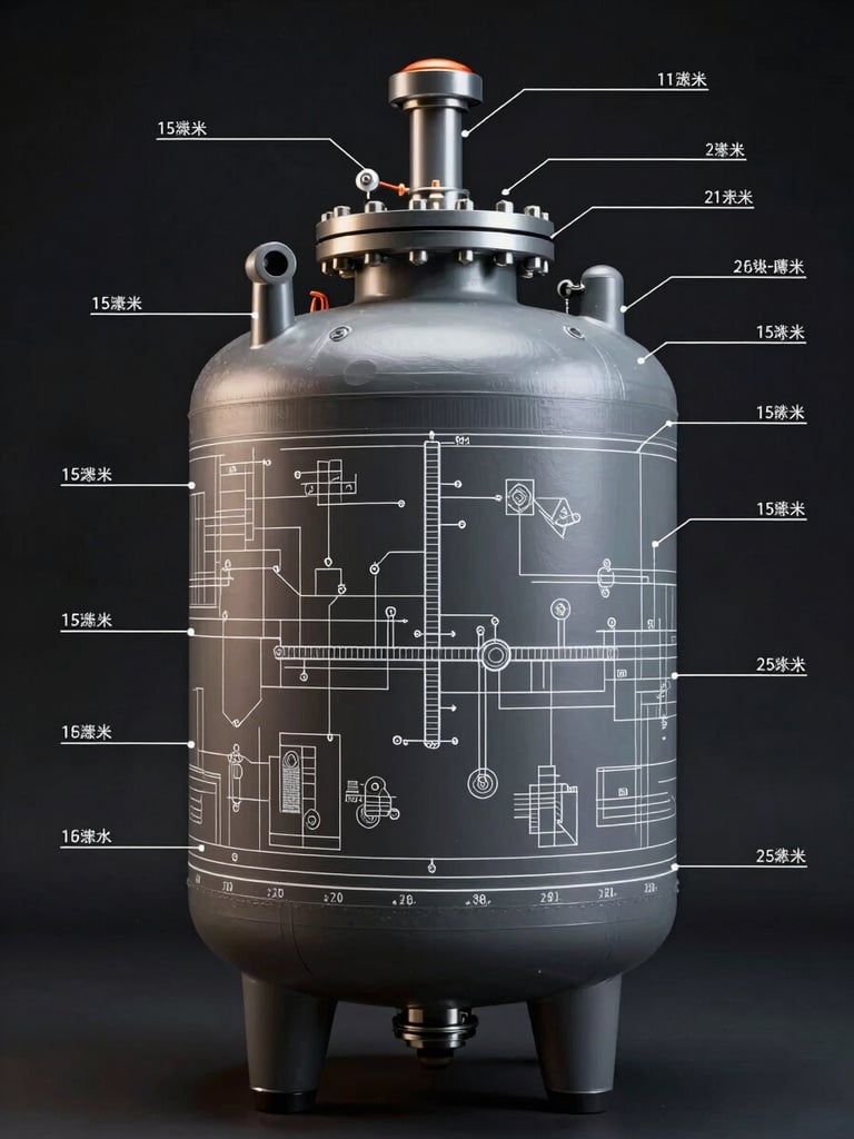 A detailed technical engineering blueprint of a pressure vessel with precise weld-mapping annotations on a high-contrast dark background.