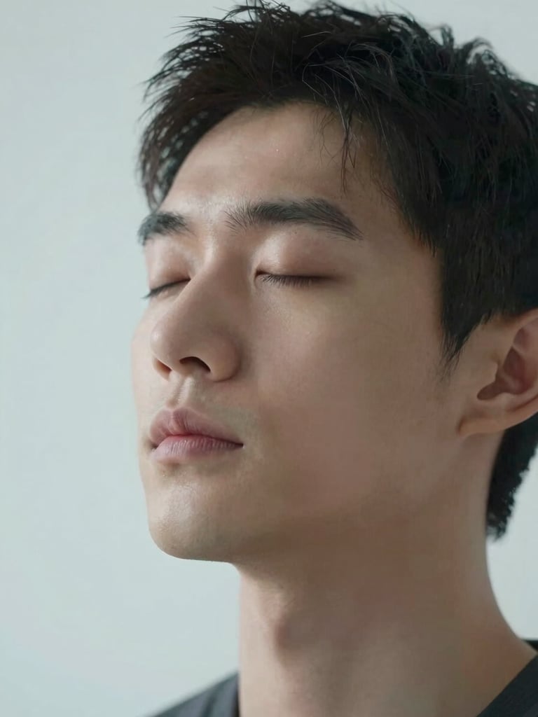 Close-up portrait of a person eyes closed in calm focused breathing, soft north-facing morning light, minimal white background, quiet mental clarity — ice blue ambient glow at the edge of frame