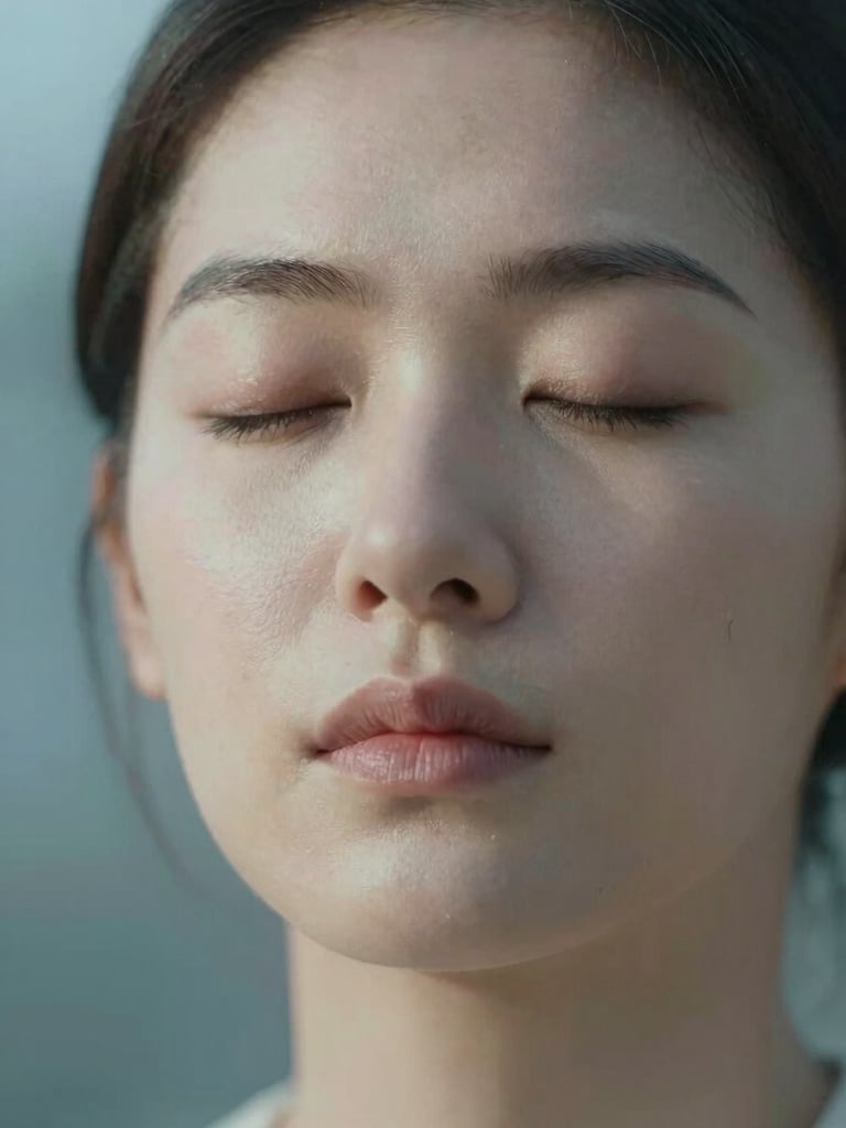 Extreme close-up of a person's closed eyes in quiet focused breathing, soft north-facing daylight across the face, ice-blue ambient light from the left side, calm and resolved expression, minimal background detail, portrait framing