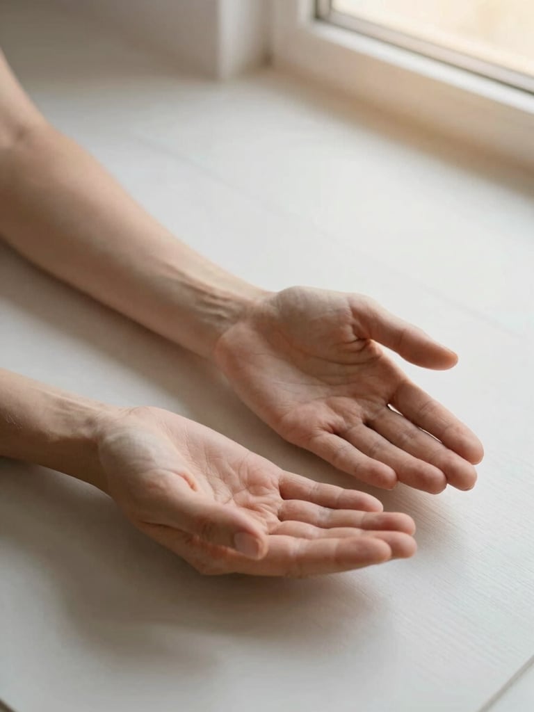 Overhead close-up of hands resting open on a minimalist wooden surface during morning meditation practice, soft golden-hour window light, clean white background, calm and deliberate stillness