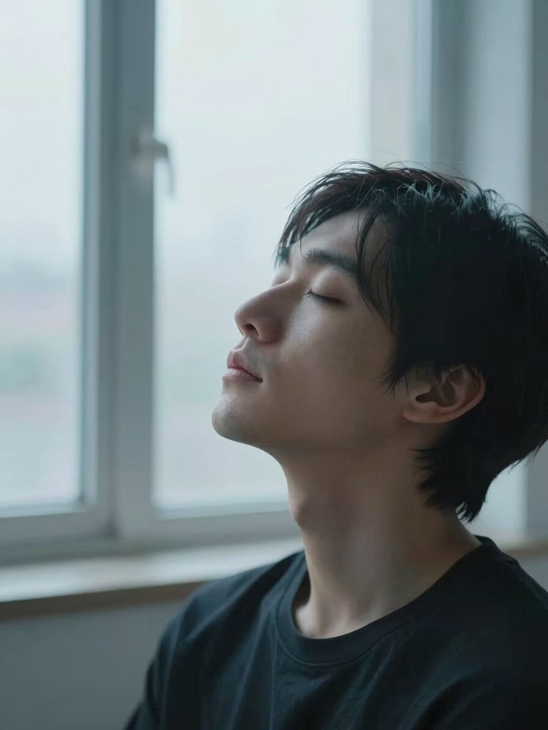 Close-up portrait of a person sitting near a large window, eyes softly closed, face tilted slightly upward in quiet focused breathing, early morning diffused daylight, minimalist interior, ice-blue ambient tone