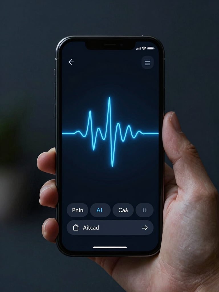 Phone screen showing a minimalist AI coaching interface with ice-blue neural waveform lines on a dark background, held in one hand against a blurred dark-blue ambient environment, studio-lit clarity