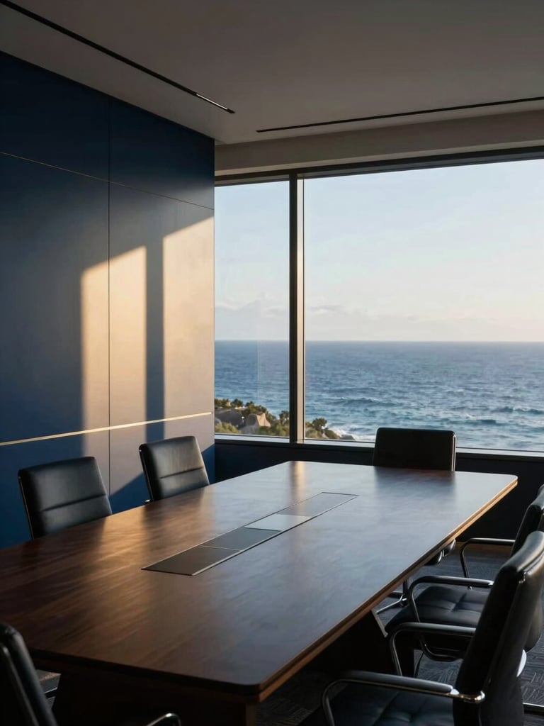 Quiet, high-end boardroom interior with a panoramic ocean view, filtered coastal sunlight, sharp architectural lines, deep navy and gold tones, 35mm lens