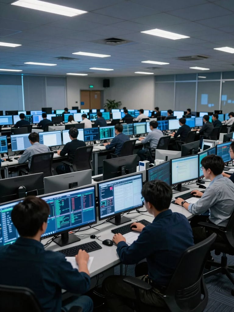Wide environmental shot of a large enterprise SOC command center at night, rows of analysts at multi-monitor workstations with live data dashboards visible on screens, overhead fluorescent and monitor glow casting cool blue light across the room, deep depth of field