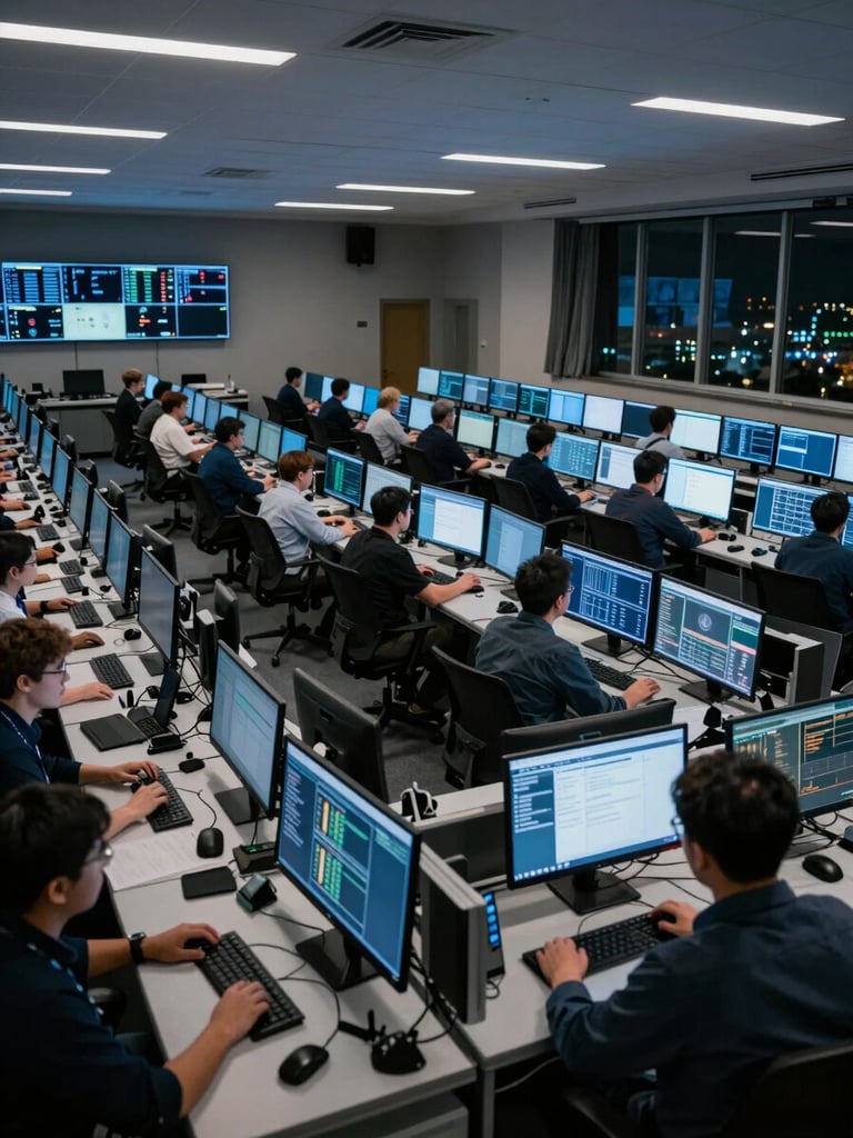 Wide panoramic view of a modern security operations center at night, rows of analysts at multi-monitor workstations displaying live threat dashboards, cool blue monitor glow illuminating focused faces, command center overhead lighting, deep perspective shot from the back of the room showing the full operational floor