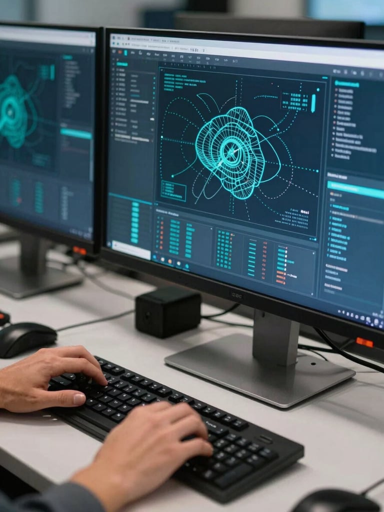 Close-up environmental shot of a live SOC workstation, multiple monitors showing network topology maps and real-time threat scoring dashboards in electric cyan on dark backgrounds, analyst hands visible on keyboard in foreground, cool monitor glow illuminating the immediate space