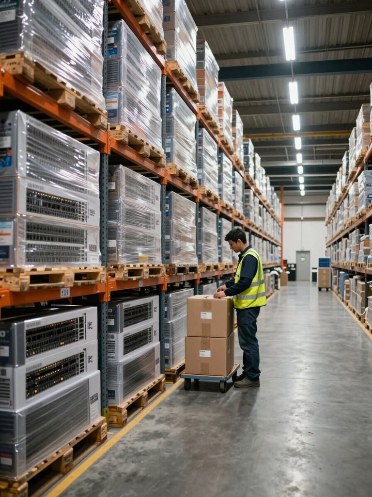 Wide shot looking down a long warehouse aisle, stacked pallets of boxed networking equipment to the left, a worker in a safety vest inspecting a carton under flat fluorescent light, concrete floor receding into depth