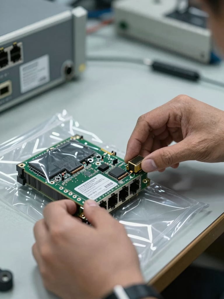 Hands carefully inspecting a network switch module pulled from anti-static packaging on a warehouse workbench, diffuse overhead lighting, visible component detail and serial label