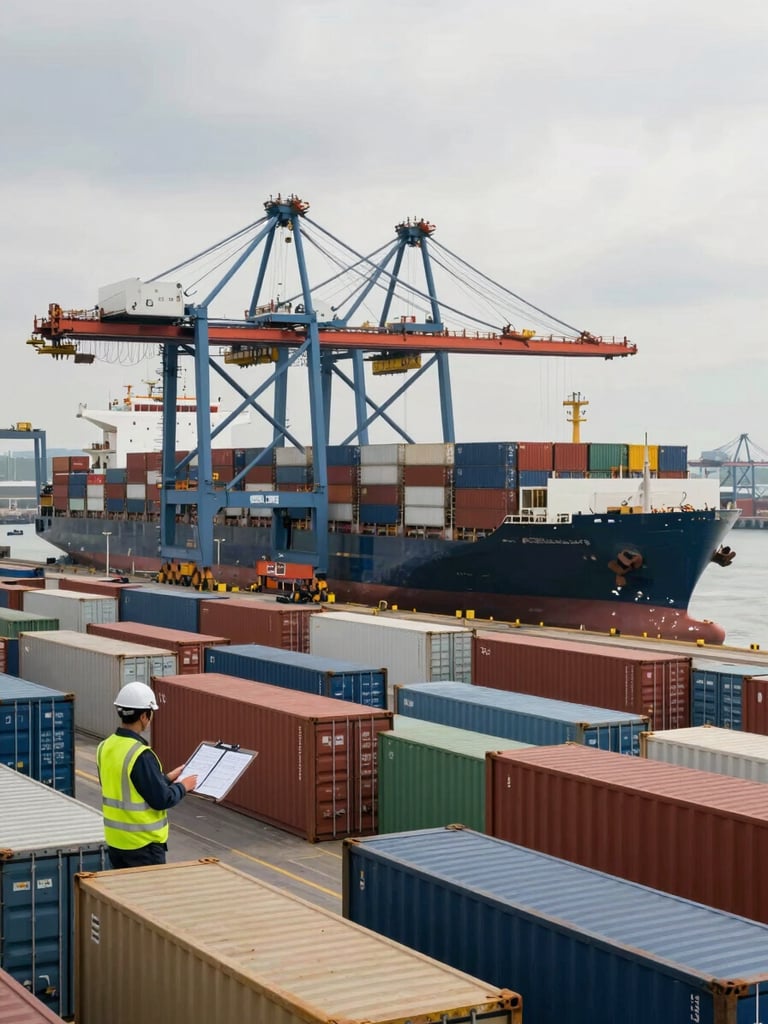 Wide panoramic view inside a busy international port at overcast daylight — overhead gantry cranes in the background loading a container vessel, rows of containers color-coded by destination in the foreground, a logistics worker in high-visibility vest reviewing a routing board in the left quarter, no eye contact with camera, industrial and operational in feel
