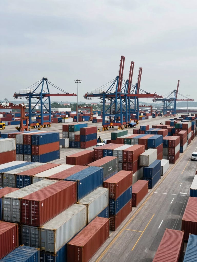 Wide panoramic view of a busy container terminal at overcast daylight, rows of stacked shipping containers stretching to the right third of the frame, cranes and port infrastructure visible in the background, industrial scale and order, documentary framing with no people in foreground