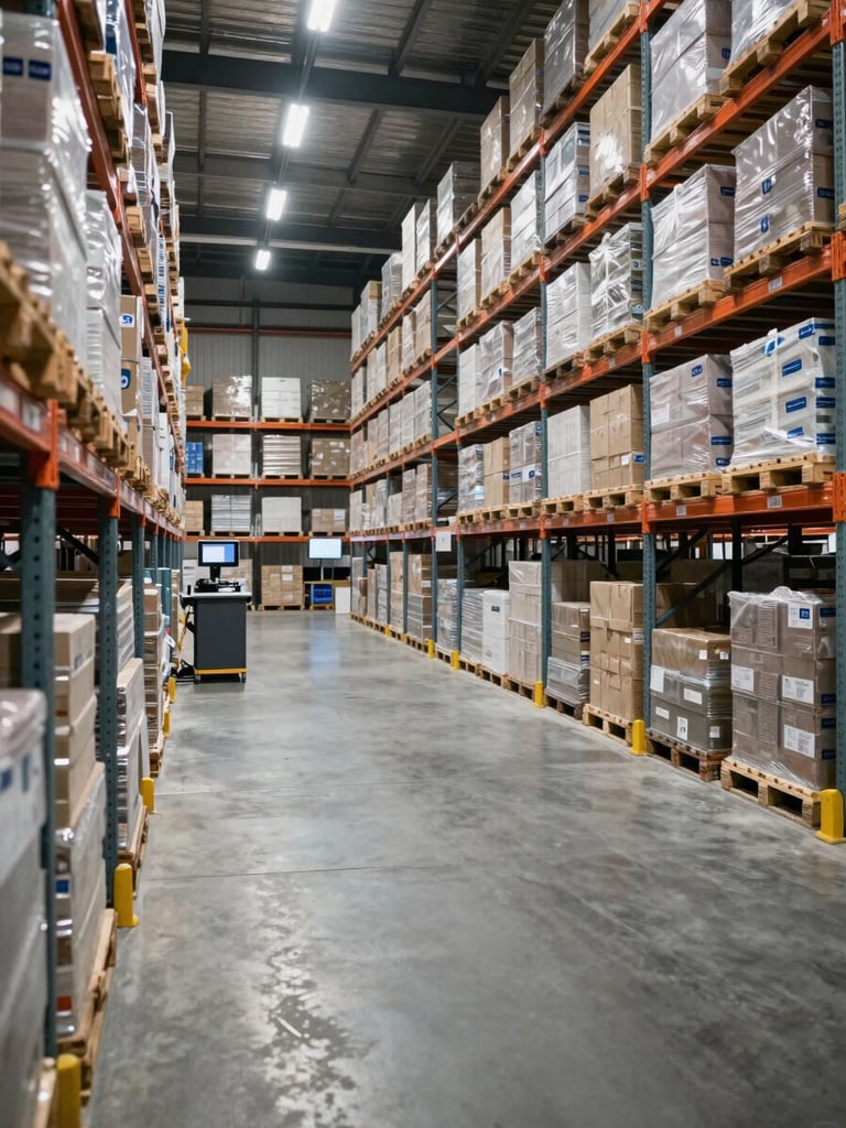 Wide interior shot of a large logistics warehouse under tungsten lighting, rows of racking filled with labeled pallets and cargo, a scanning terminal visible in the mid-ground, overhead industrial lighting casting ordered shadows across a clean concrete floor, no people, documentary framing showing operational scale