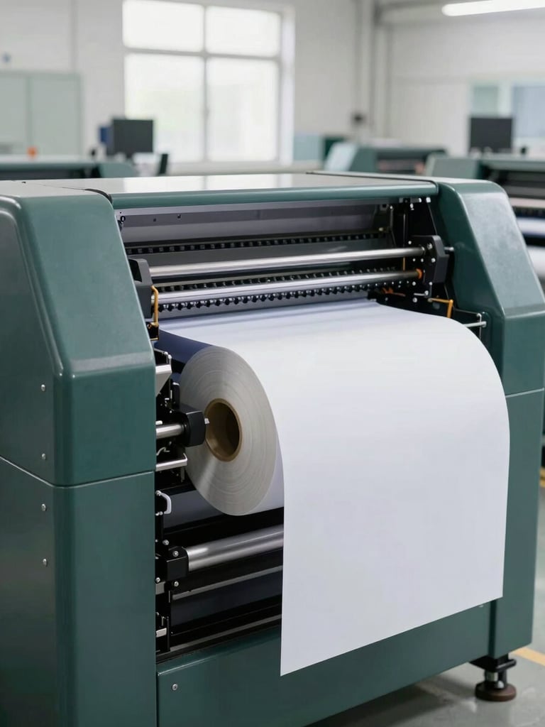 A modern industrial offset printing press operating in a clean, organized factory, rolls of premium paper, soft daylight, sharp focus, professional environment