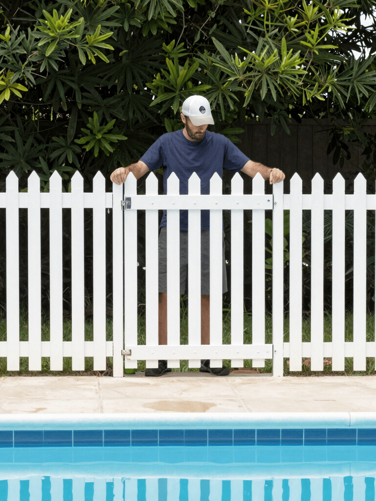A pool fence contractor installing a vertical picket pool fence door by a pool.