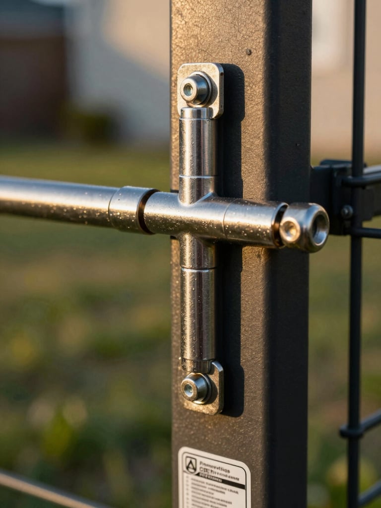 Extreme close-up of a stainless steel pool fence hinge bolted to a black aluminum post, natural golden-hour daylight casting a sharp shadow across the hardware, a code-compliance sticker partially visible on the post below the hinge, residential backyard grass blurred softly in the background