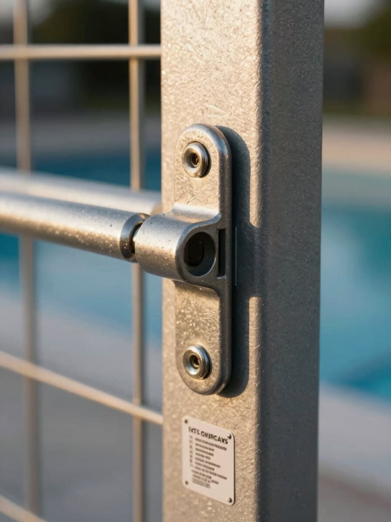 Extreme close-up of a pool fence self-closing latch mechanism in natural daylight, metal hardware sharp in focus, a small printed code-compliance tag attached to the post visible in the lower frame, warm afternoon light raking across the surface revealing the engineering detail