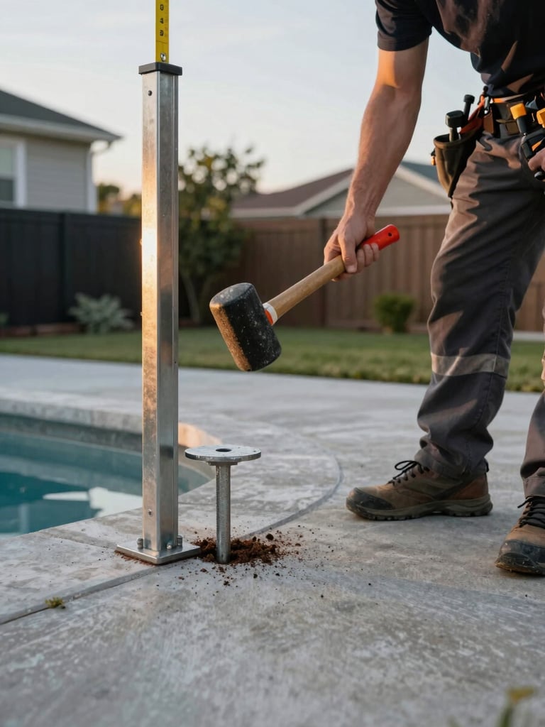 Low-angle wide shot, residential backyard, an installer driving a steel post anchor into a concrete pool deck with a rubber mallet, golden-hour natural sidelight catching the post surface, tool belt visible at waist, fence post plumb-line hanging from the top