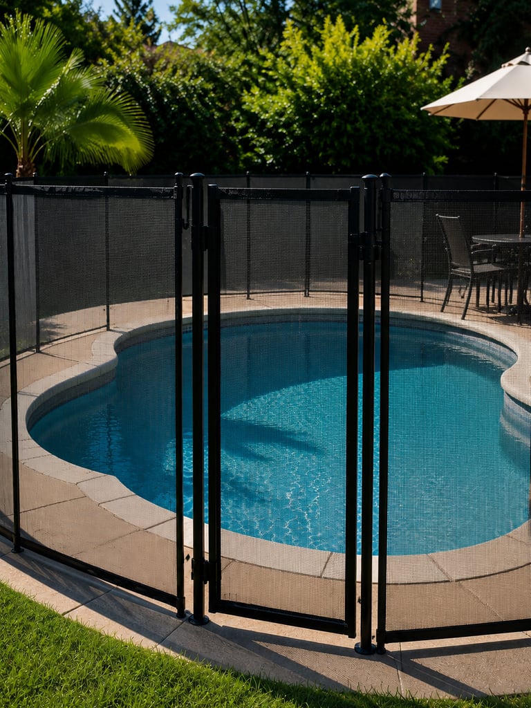 Black mesh child safety pool fence surrounding a residential backyard swimming pool with secure self-closing gate.