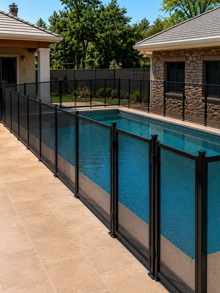 Black mesh pool fence enclosing a pool.
