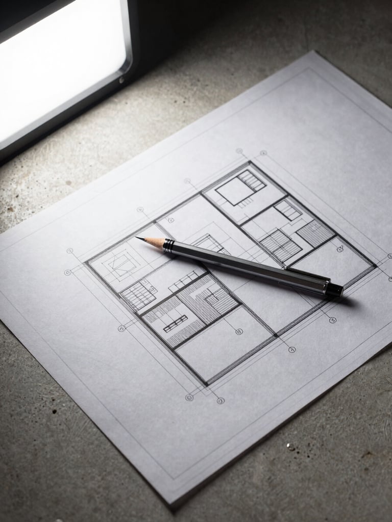 Close-up overhead shot of a detailed structural blueprint spread flat on a raw concrete surface, a single mechanical pencil resting precisely at a dimension line, harsh studio strobe lighting from upper left, no hands, no people, ultra-sharp technical linework visible