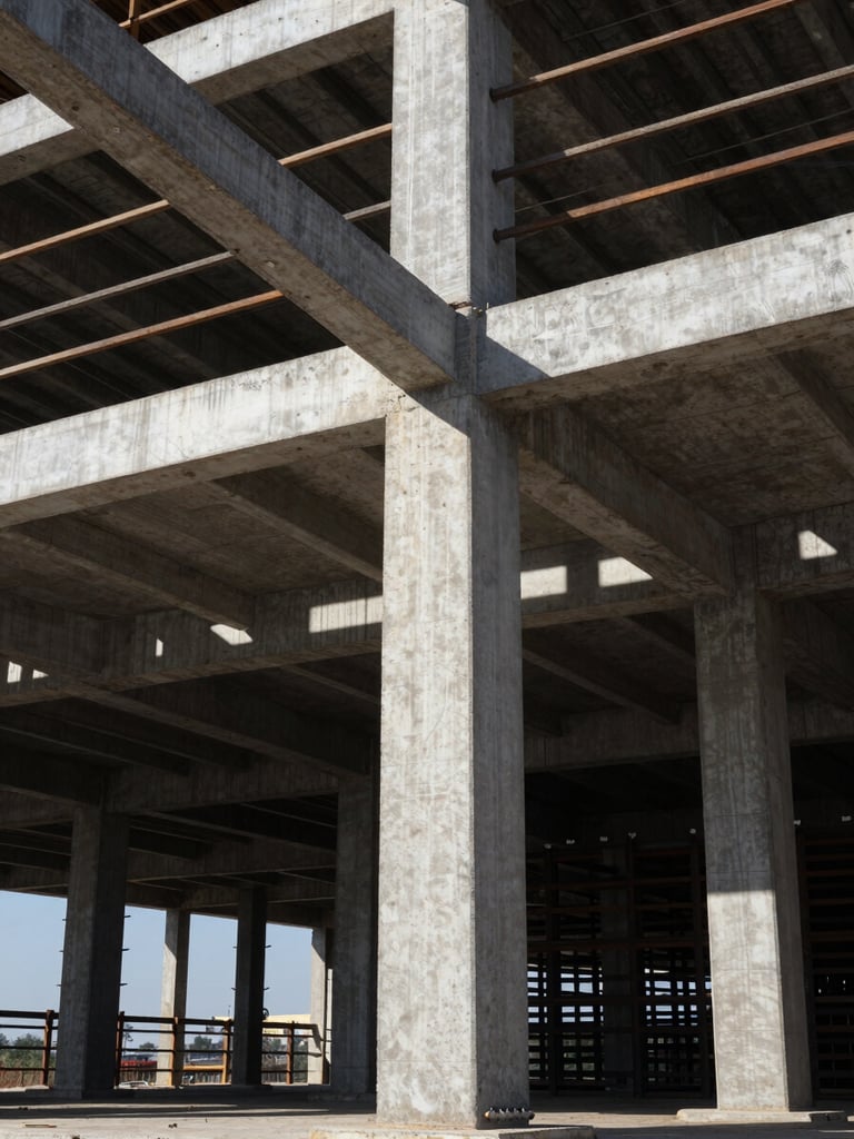 Wide panoramic view of a steel and concrete structural framework mid-construction, shot from ground level looking up along a massive load-bearing column, harsh directional side-lighting casting deep geometric shadows across the surface, crisp architectural detail, no people, no sky visible