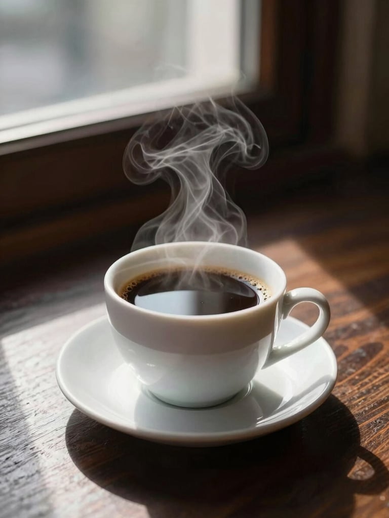 A portrait-oriented, close-up, tactile food shot of steam rising from a freshly poured cup of black coffee on a dark wooden table, soft natural side-light from a north-facing window, high contrast with deep rich shadows.