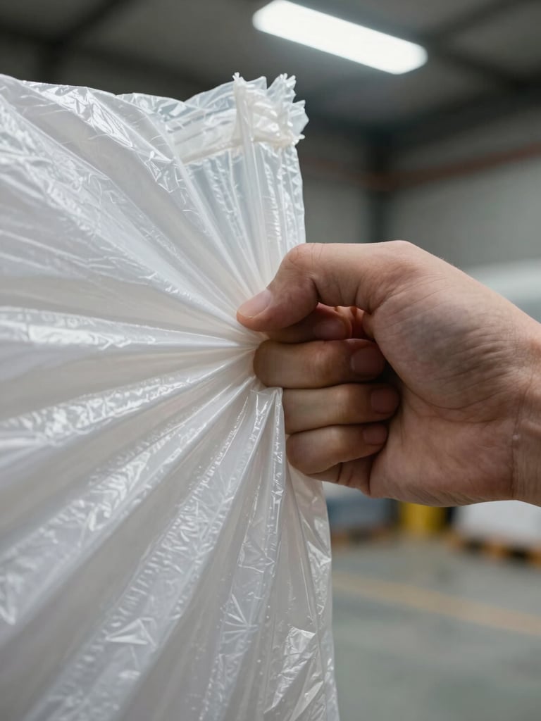 Extreme close-up of a hand flexing the corner of a thick polyethylene industrial bag, warehouse concrete floor in the background, overhead fluorescent light highlighting the material grain and thickness