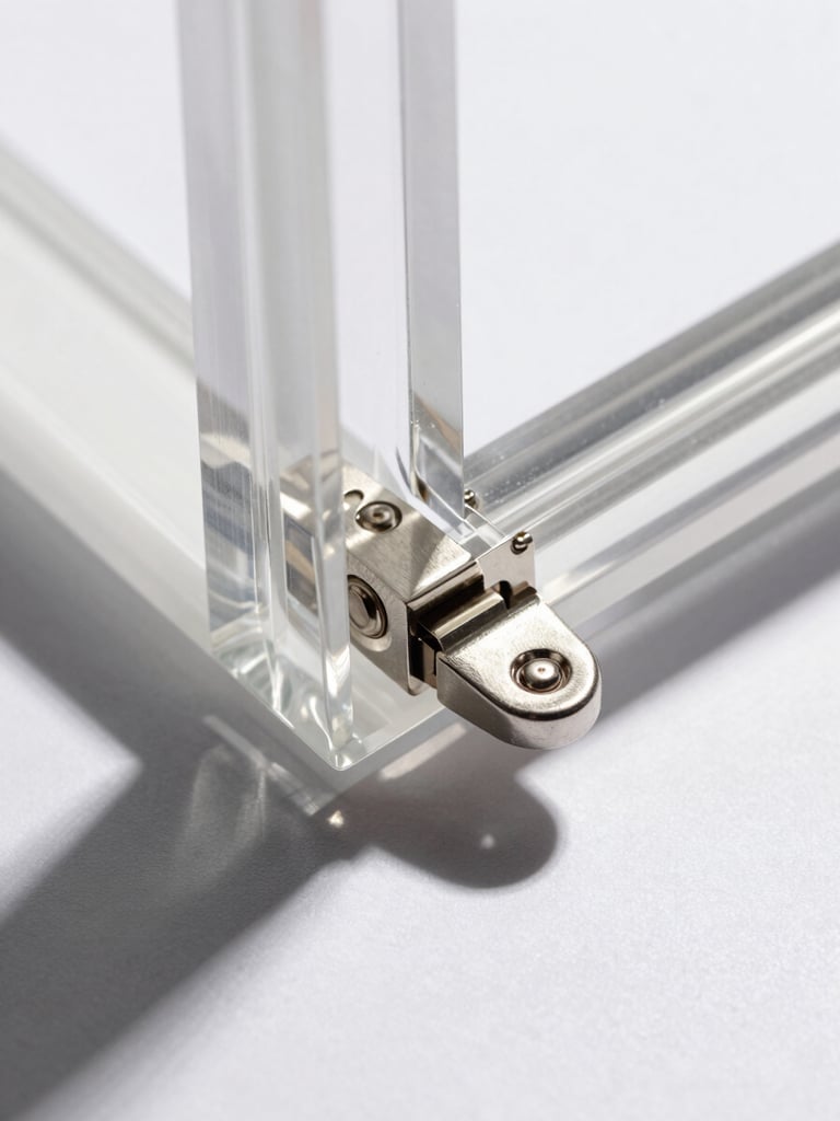 Extreme macro shot of a hand-polished acetate frame hinge, showcasing the precise bevel and metallic pin details, high-contrast studio lighting, sharp geometric shadows.