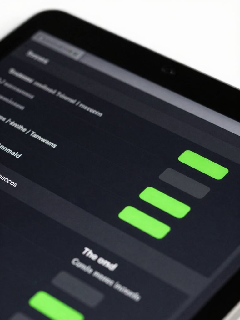 Macro high-contrast studio photograph of a clean tablet screen displaying a dark-mode POS interface with sharp neon-green status indicators, 50mm lens focus.