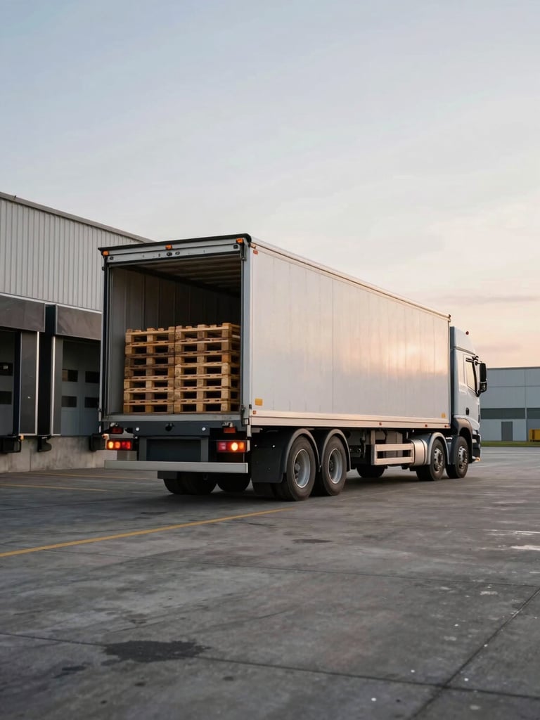 Wide environmental shot of a fully loaded Pégase Transport truck backed up to an industrial loading dock at early morning, pallets visible through open trailer doors, overcast Belgian sky, concrete yard, natural flat daylight — no studio lighting, no people posing