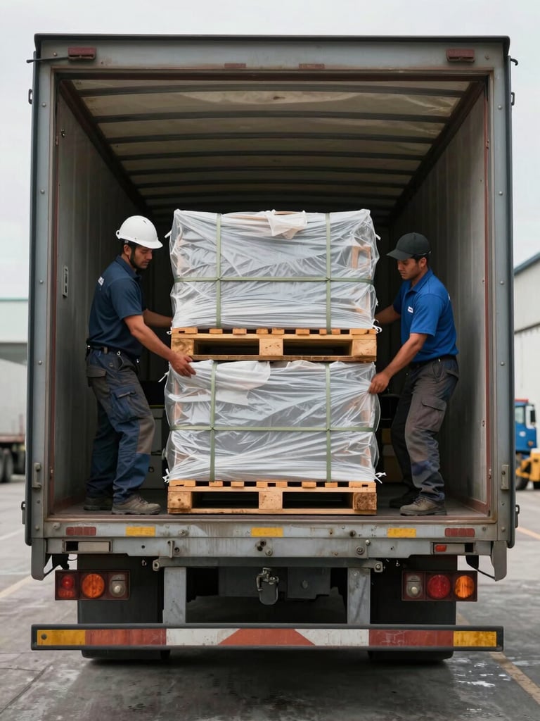 Medium shot of two dock workers securing strapped pallets inside a freight trailer, natural overcast daylight entering from the rear, tarpaulin edge visible at top, concrete dock floor below, industrial scale evident