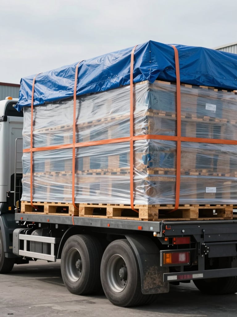 Close-up medium shot of a flatbed truck loaded with shrink-wrapped pallets secured under a blue tarpaulin with orange strapping, parked at a warehouse dock in overcast Flemish daylight, concrete floor visible in foreground