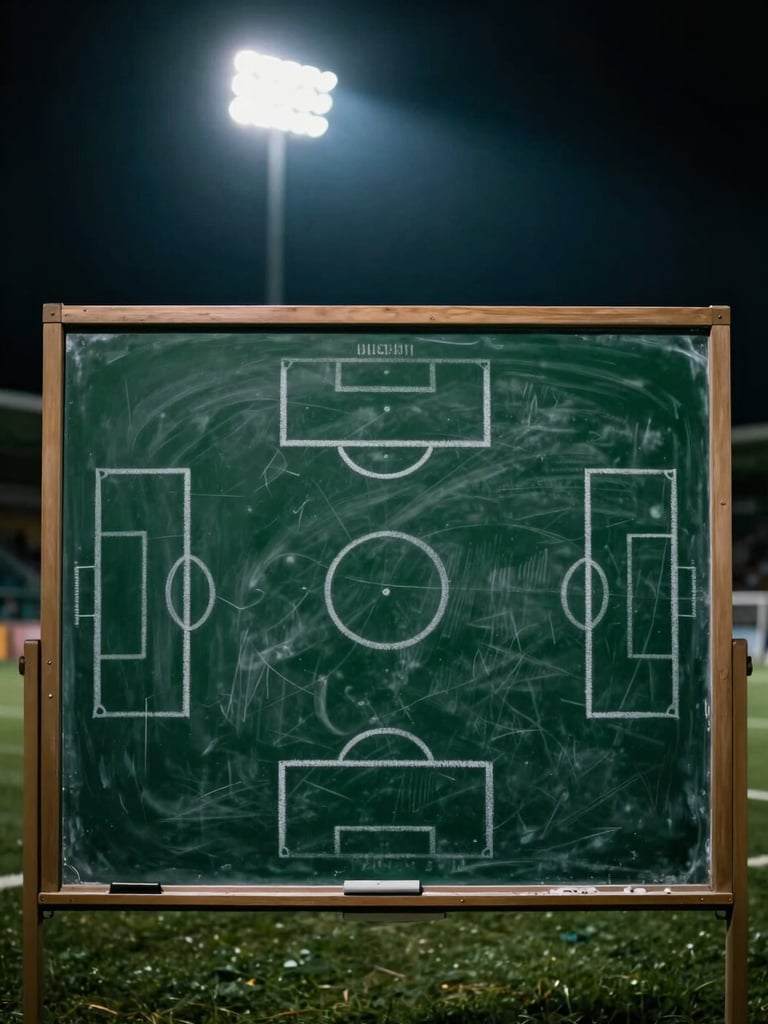 A tactical blackboard with chalk-drawn football formations, illuminated by a single overhead floodlight, moody atmosphere.
