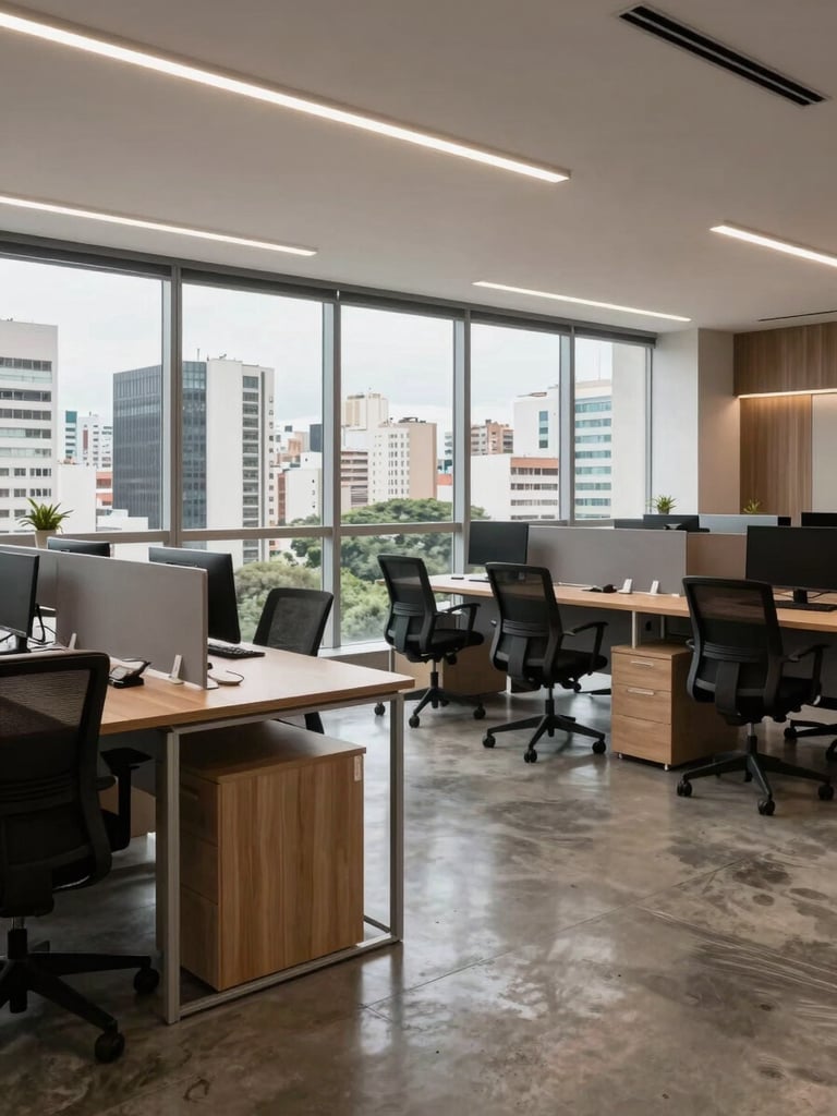 Interior of a modern office suite in São Paulo, open-plan workstations under recessed lighting, floor-to-ceiling windows showing city view, polished concrete floor, natural daylight