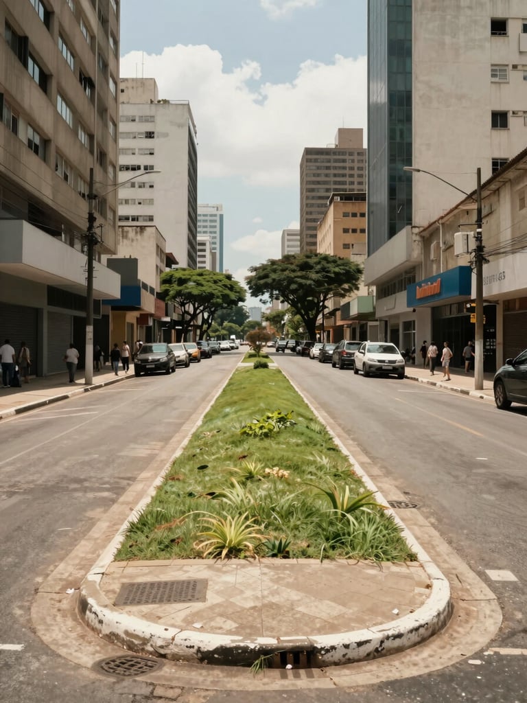 Street-level photograph of a corner land plot in a Brazilian city center, two-street frontage visible, clear boundaries, surrounding commercial buildings, natural midday light, no people