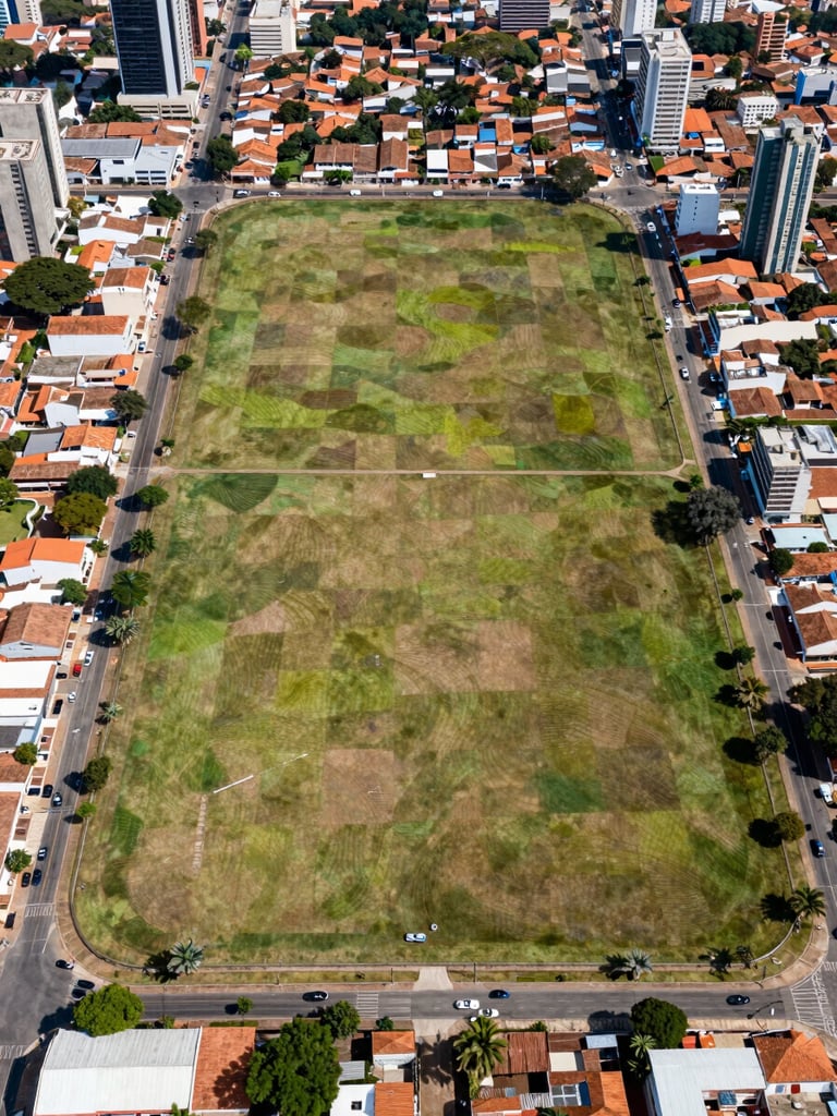 Aerial photograph of a flat urban land plot in Brazil, clearly demarcated boundaries, surrounding streets and neighborhood visible, clean natural daylight, no people