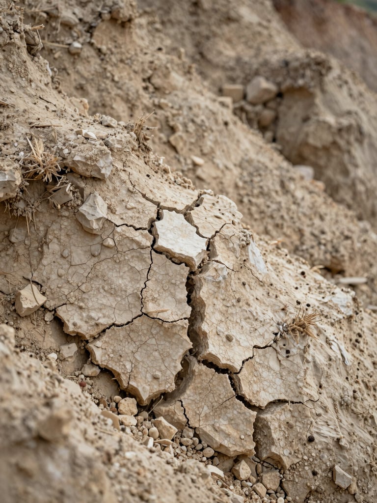 Extreme close-up of Calosso hillside soil, clay-limestone texture visible in raking diffused light, cracked pale earth surface with a fragment of limestone, no people, no equipment
