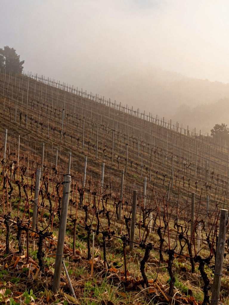 Vineyard rows on steep Calosso slope enveloped in low autumn fog at dawn, bare vine canes visible in the foreground, diffused pale light, no people, long horizontal depth of field