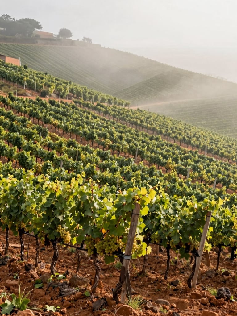 Wide shot looking down steep Calosso vineyard rows at harvest, morning mist still clinging to the lower parcels, diffused northern light, terracotta soil visible between vine roots, no people in frame