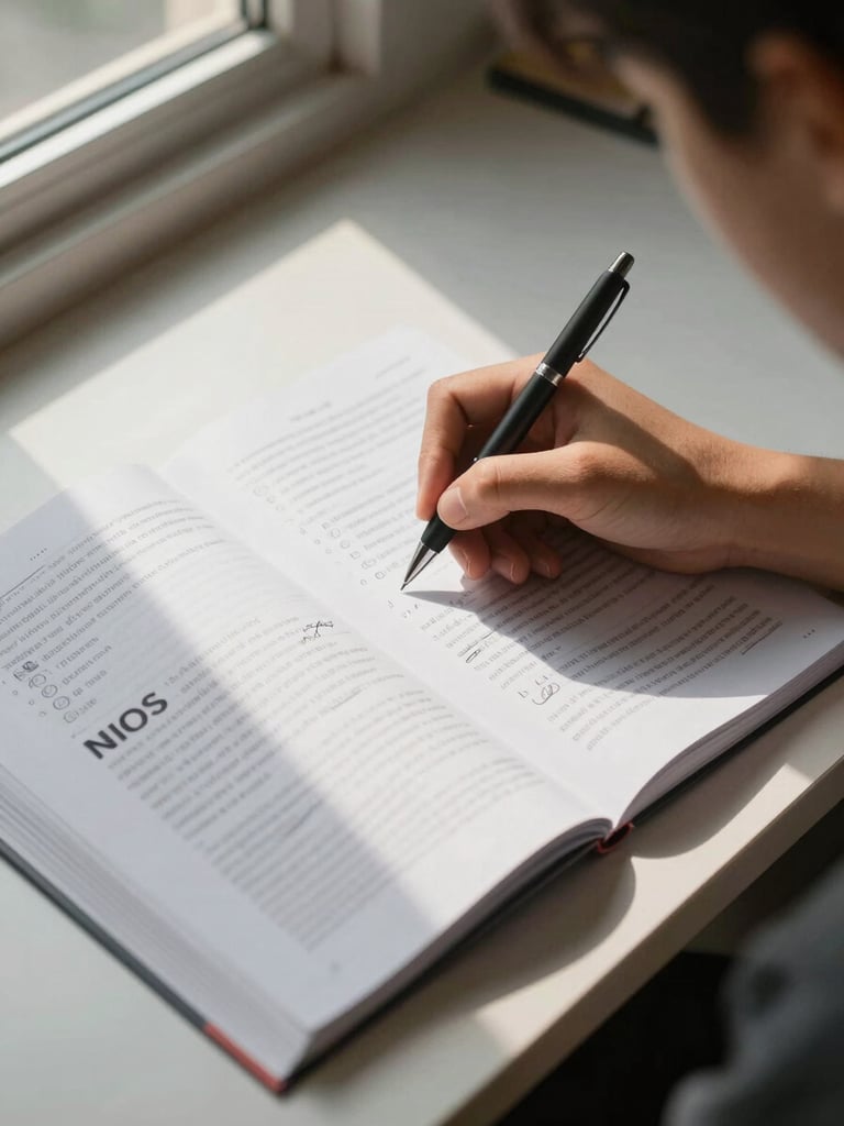 Close overhead shot of a student's desk — open NIOS textbook with handwritten notes in the margins, a pen resting mid-sentence, daylight from a window casting soft shadows across the page, minimal and focused