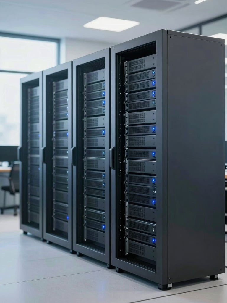 A clean modern server rack with subtle blue indicator lights in a professional corporate data center, bright natural lighting, professional editorial photography