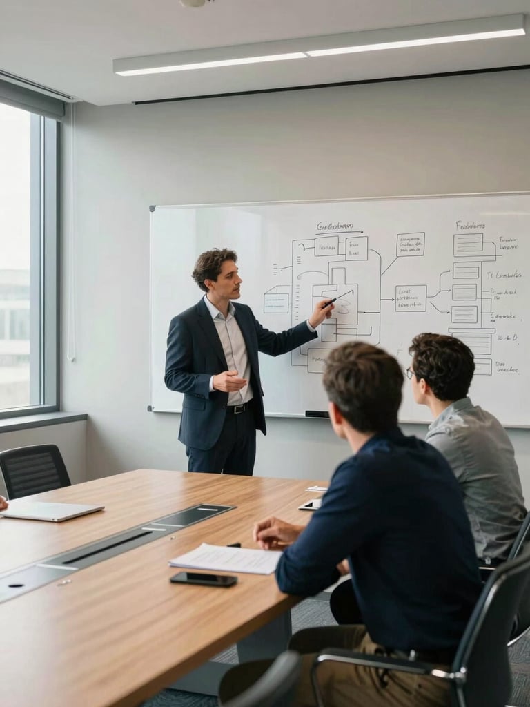 Wide environmental shot of a conference room, a consultant standing at a whiteboard covered in strategy diagrams, two seated executives leaning forward in discussion, natural window light from the left, medium-wide framing showing the full table and room context