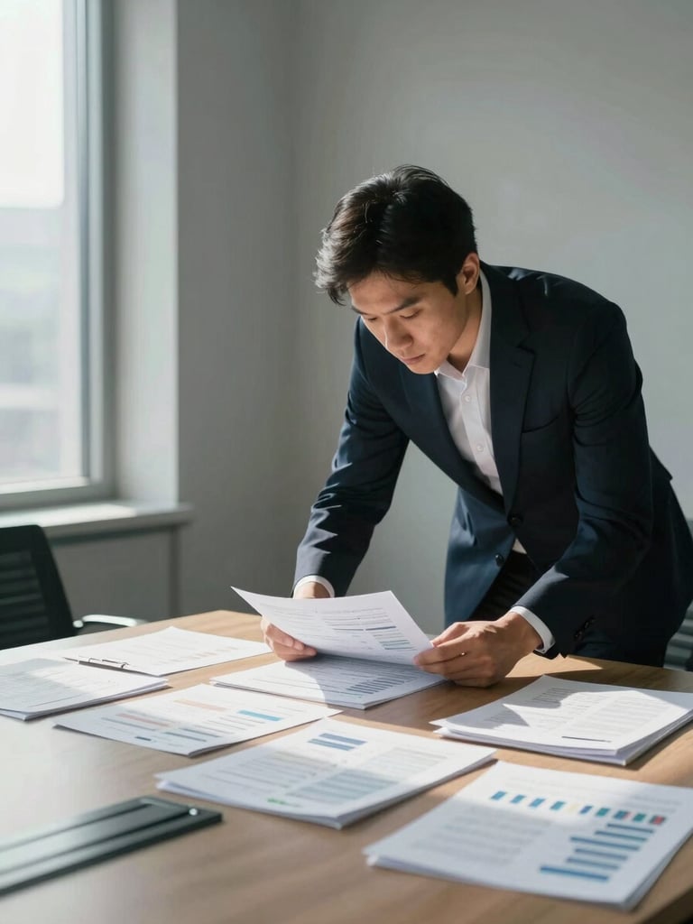 Wide environmental shot, a professional leaning over a conference table covered in strategy documents and printed data sheets, window light from the left casting a clean cool shadow, person visibly absorbed in reading — not posing, no eye contact with camera