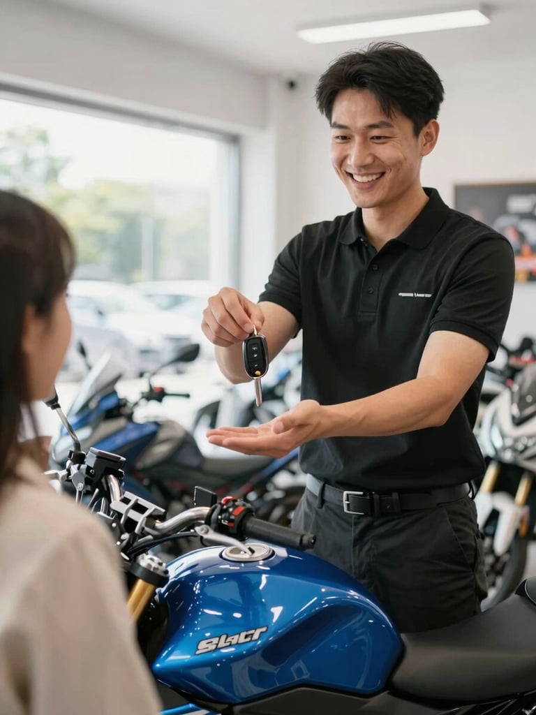 Friendly professional dealer handing over motorcycle keys to a customer in a bright, modern showroom, natural daylight